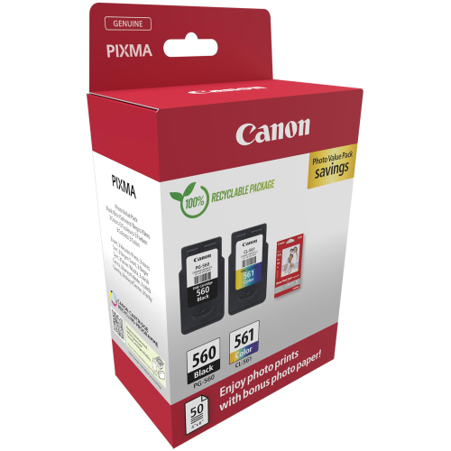 Canon PG-560/CL-561 Photo Value Pack - Lucido - confezione da 2 - nero, colore (ciano, magenta, giallo) - originale - confezione da appendere - kit cartuccia inchiostro/carta - per PIXMA TS5350, TS5350a, TS5350i, TS5351, TS5351a
